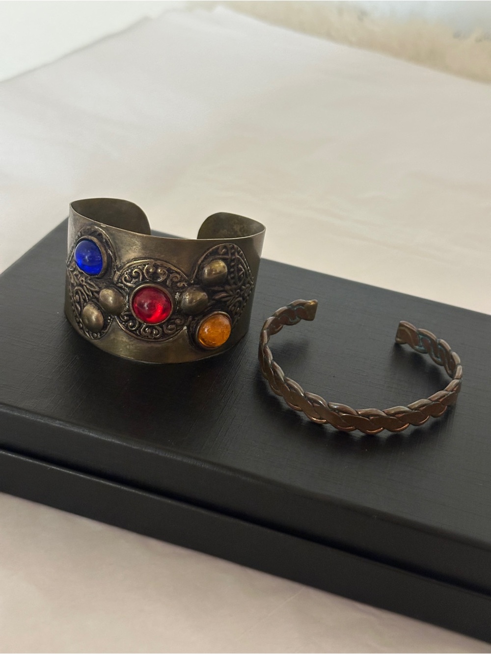 Vintage Pier 1  Brass Cuff Bracelet With Blue Orange Red Glass Gems 2"